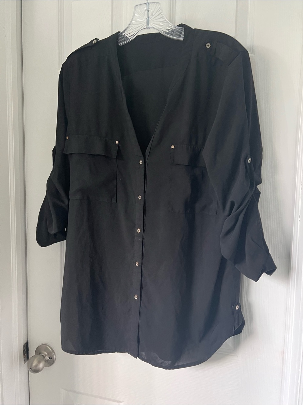 Women's Black Button-Down Utility Shirt with Roll Sleeves